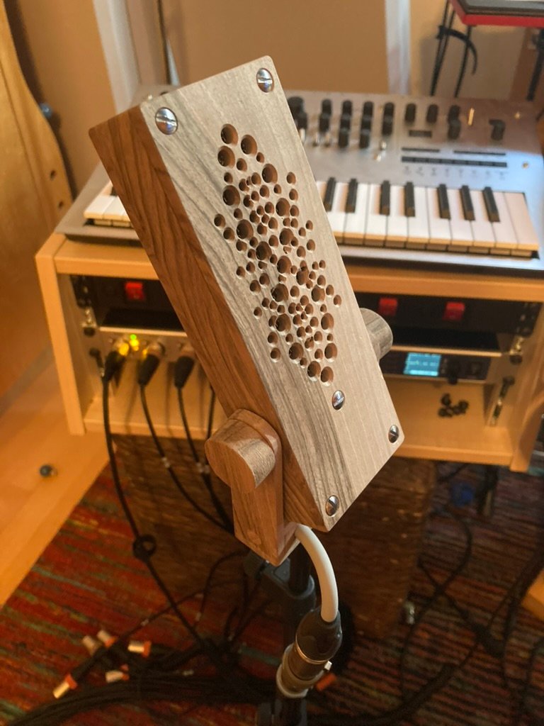Prototyp des Holz-Bändchenmikrofons Lousa am Stativ im Studio
