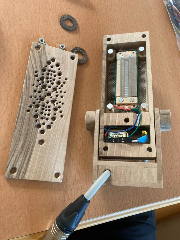 Geöffnetes Bändchenmikrofon Lousa: Holzgehäuse mit eingebautem Motor